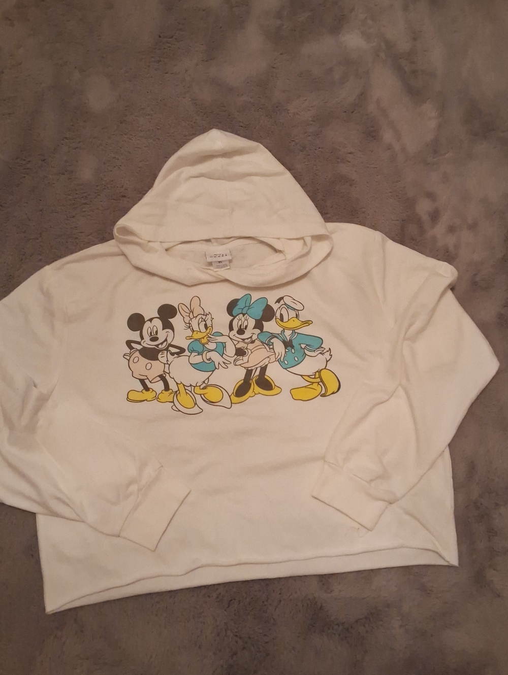 Disney White Cropped Hoodie with Yellow and Teal Character Print
